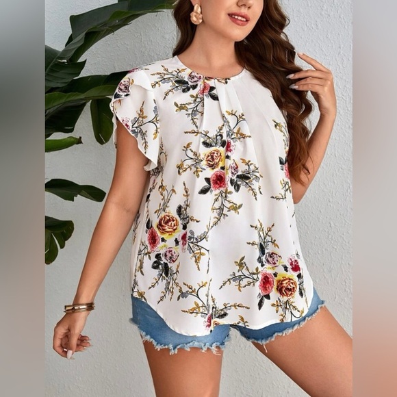 Floral Print Petal sleeve fold Pleated detail Blouse-XXL - Picture 5 of 7